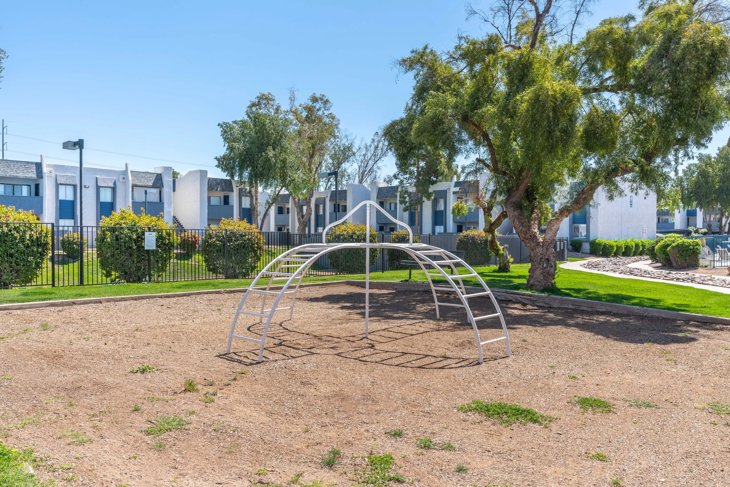 Community play structure, climbing dome, open green space