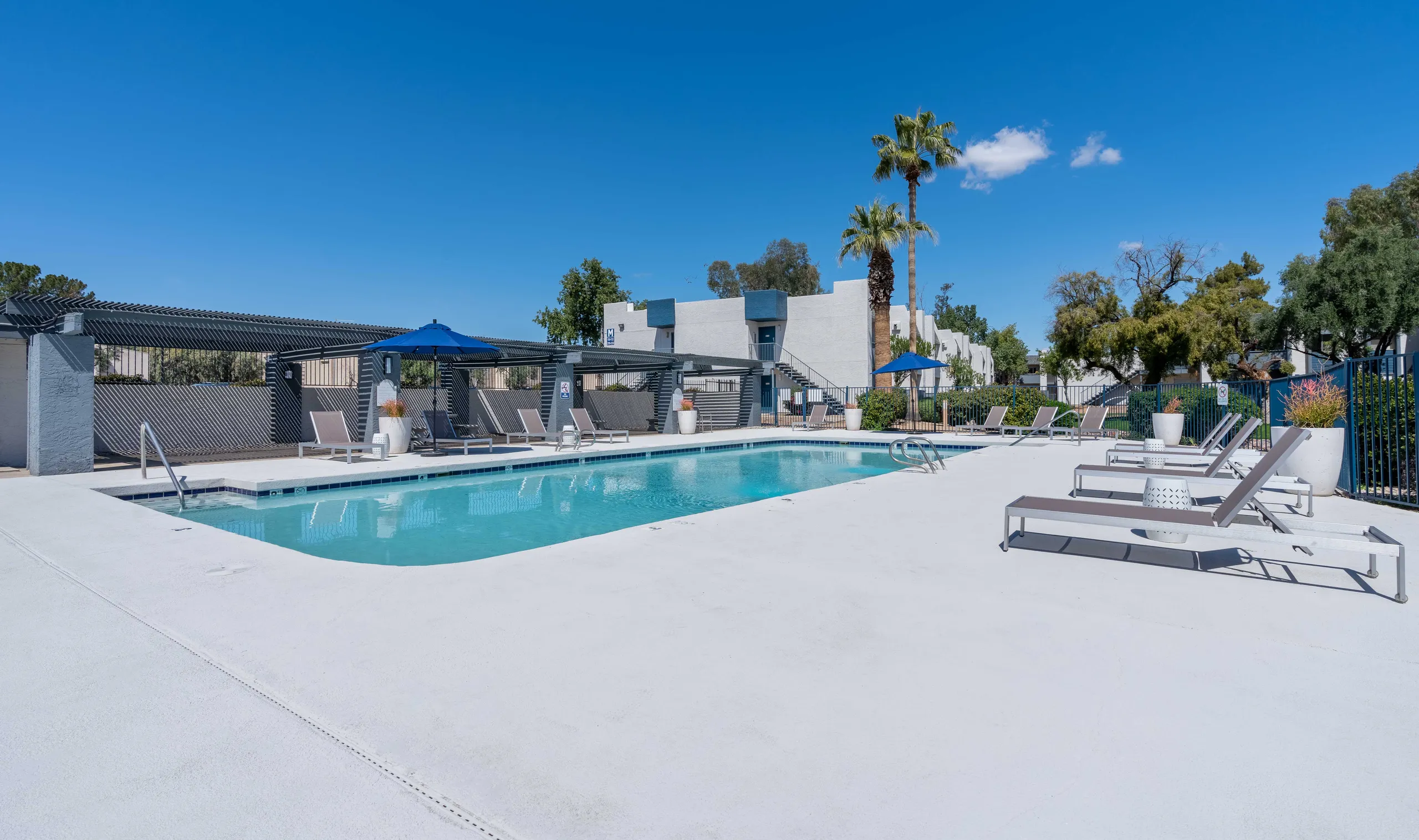 Pool, shaded cabanas, lounge seating, palm trees