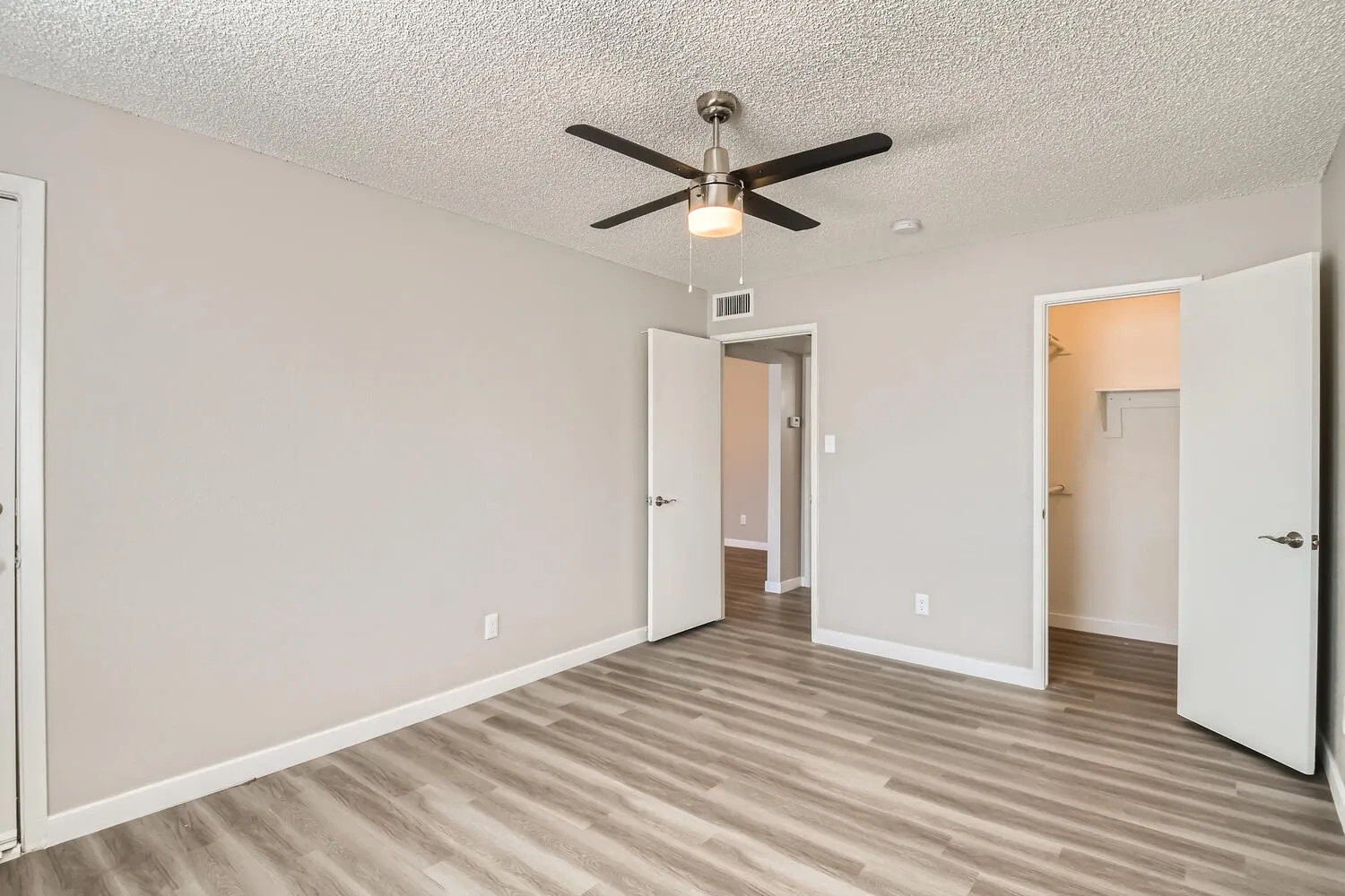 Primary bedroom, ceiling fan, walk-in closet access, hallway access