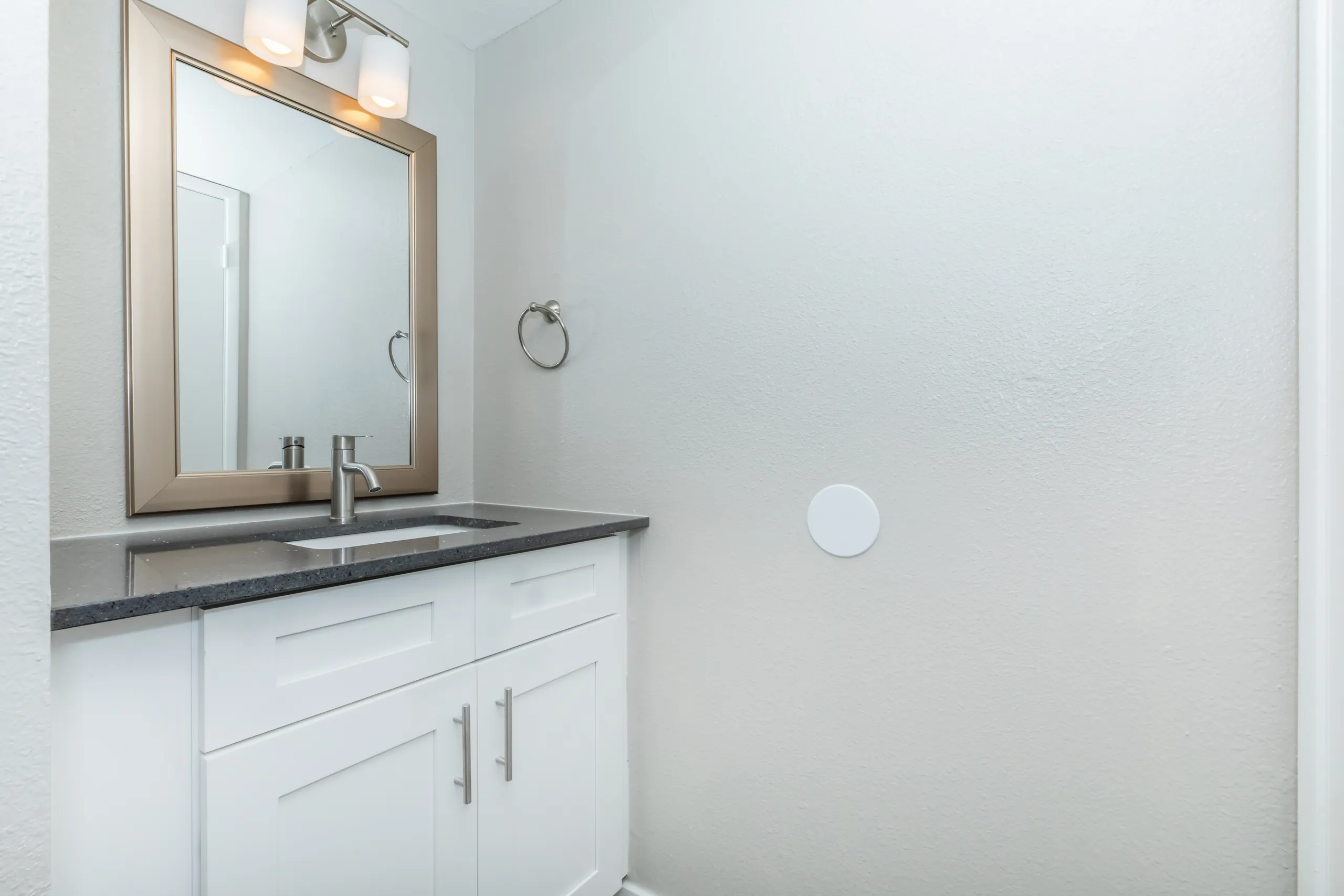 Vanity with quartz counter, framed mirror, towel ring