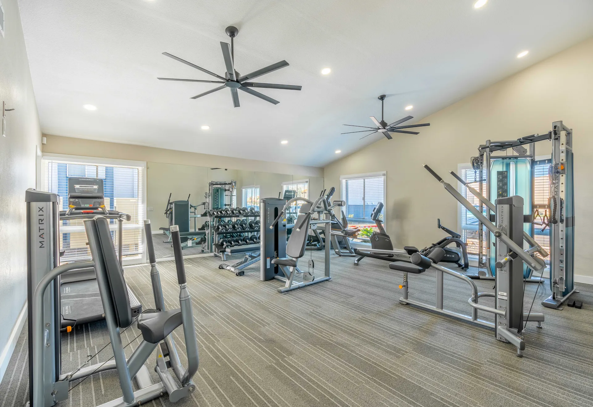 Fitness center, cardio and strength equipment, large windows