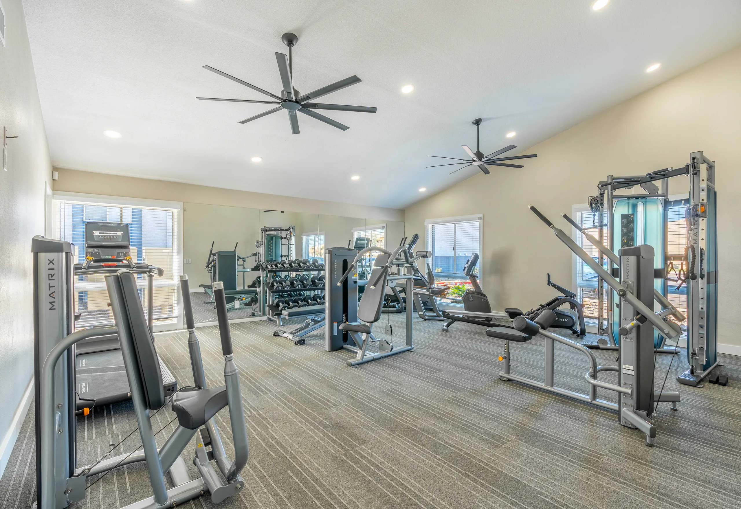 Fitness center, cardio and strength equipment, large windows