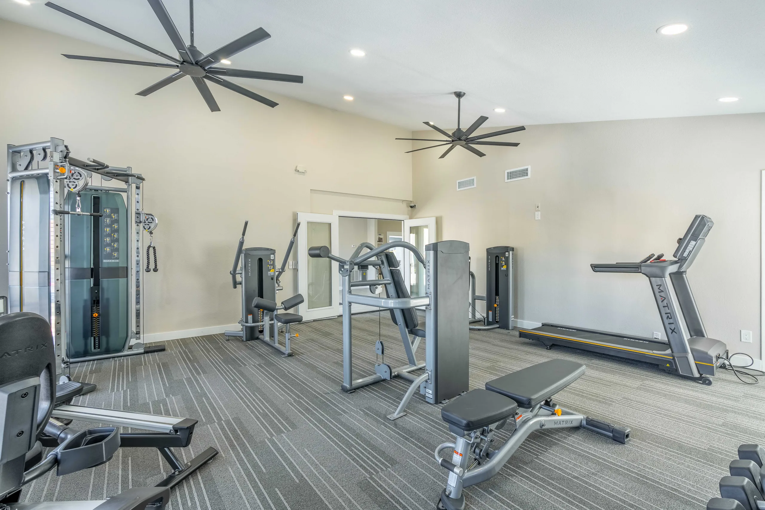 Fitness center, cable machine, free weights, treadmills