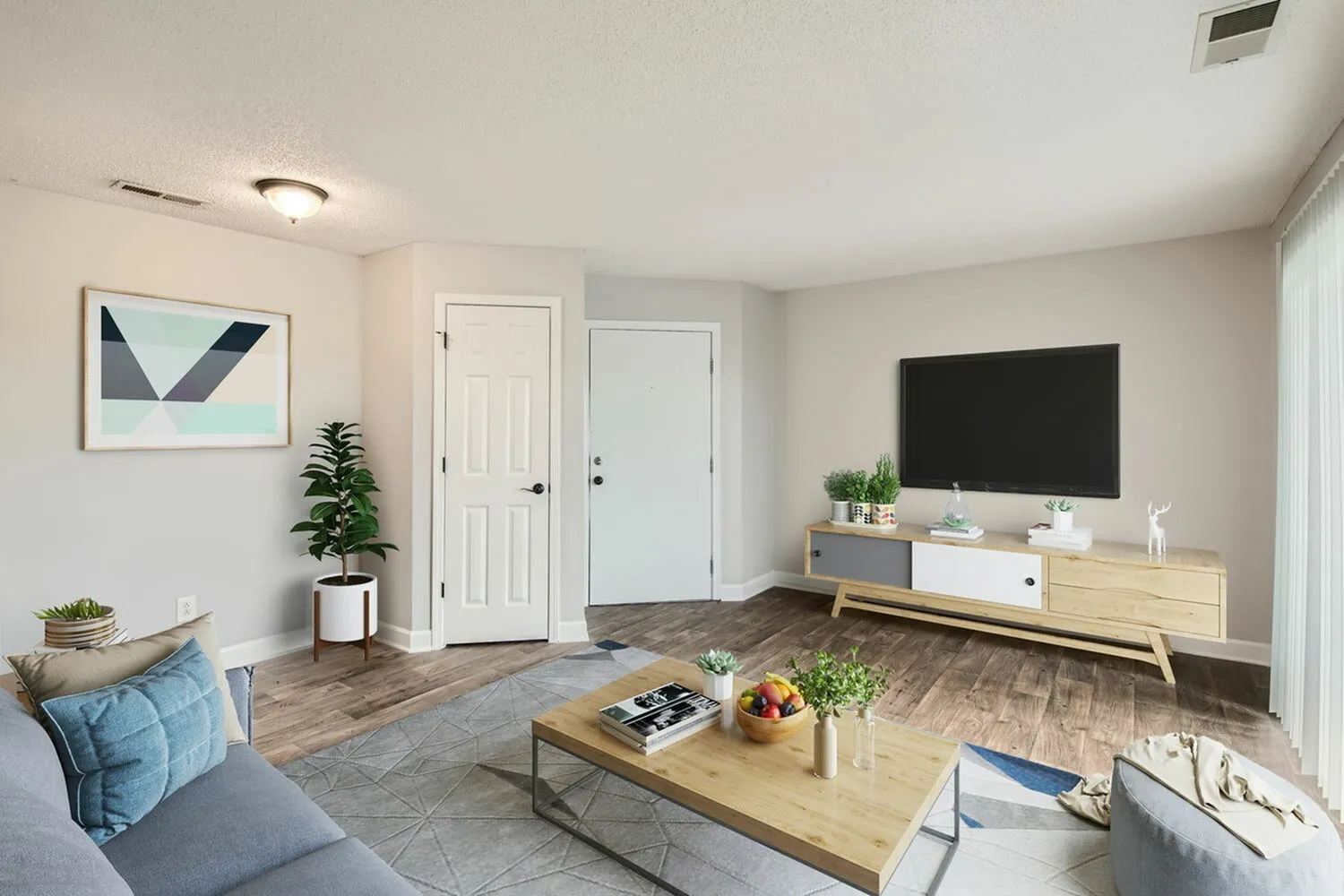 A1 Silver floor plan, living room with wood-style plank flooring, closet door, wall-mounted TV area