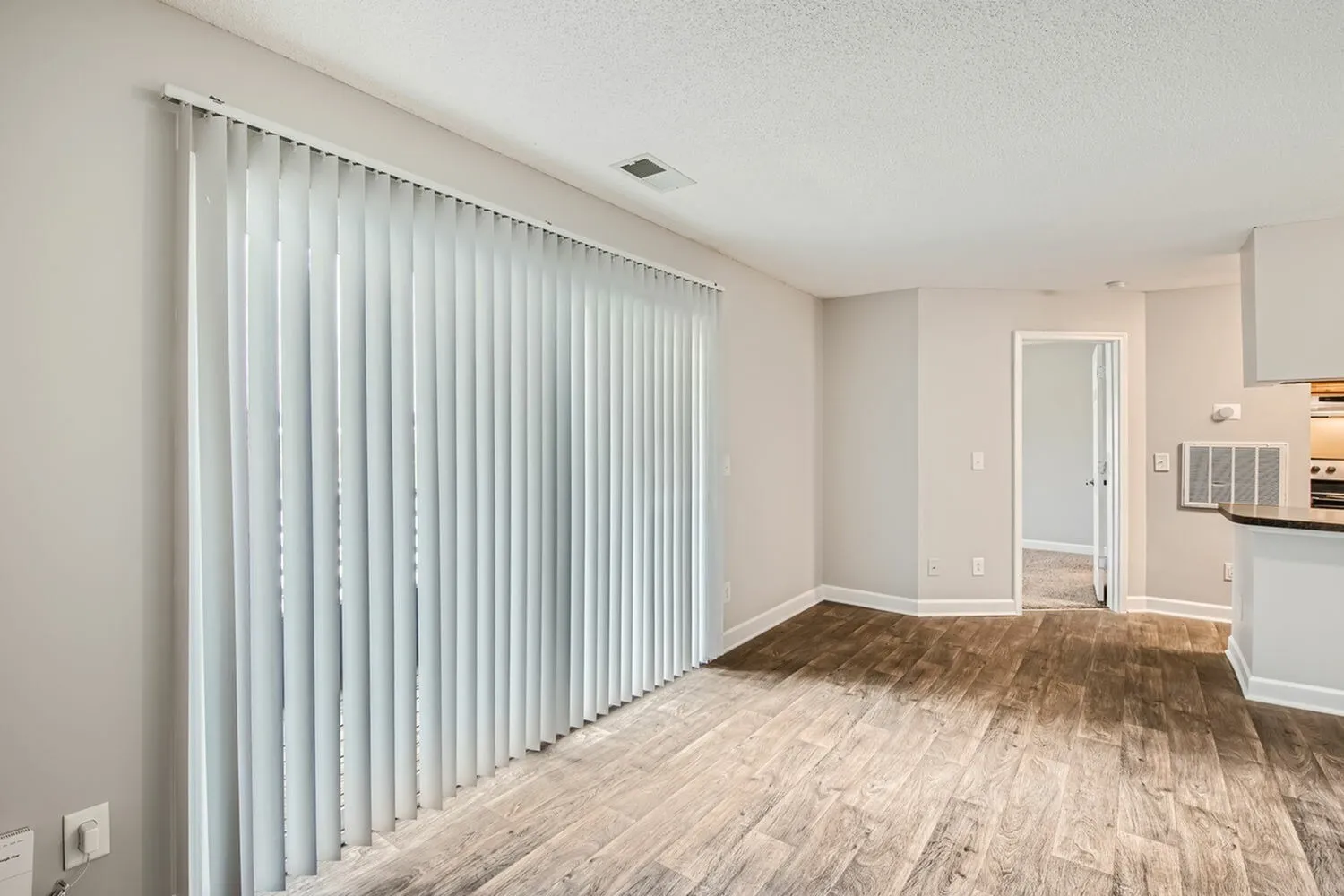 Living room with wood-style plank flooring, sliding glass door