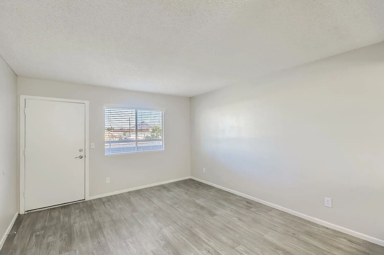 Bedroom, wood-style plank flooring, white entry door, horizontal blinds window