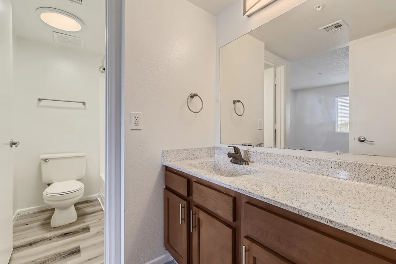 Primary bathroom, dual vanity with brown cabinetry, quartz countertops, large mirror, wood-style plank flooring
