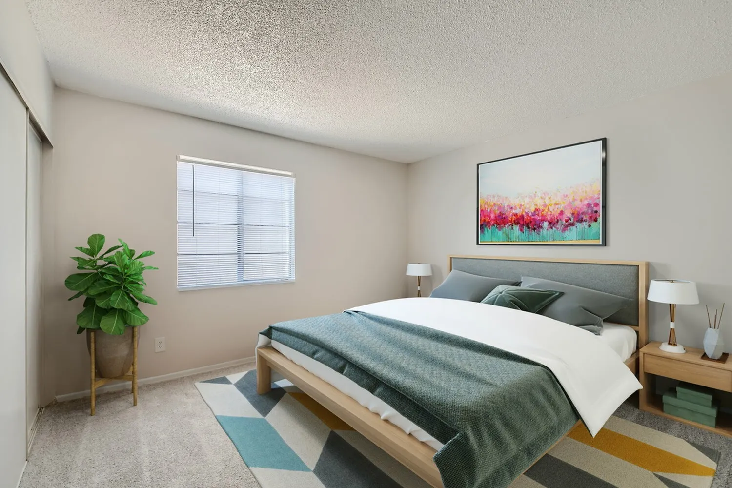 Primary bedroom, wood-style bed frame, gray upholstered headboard, geometric area rug, potted plant
