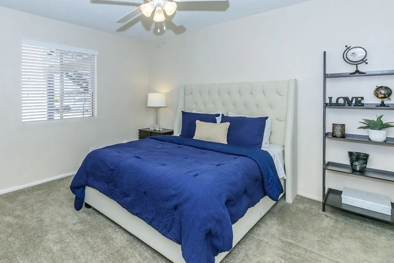 Primary bedroom, white upholstered headboard, blue comforter, wood-style plank flooring, ceiling fan