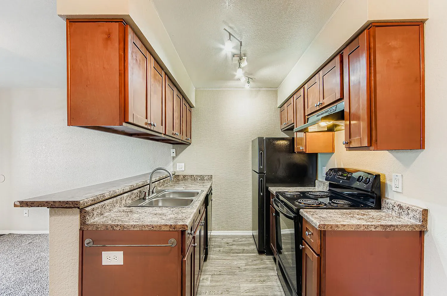 Kitchen, wood cabinetry, granite countertops, black appliances, wood-style plank flooring