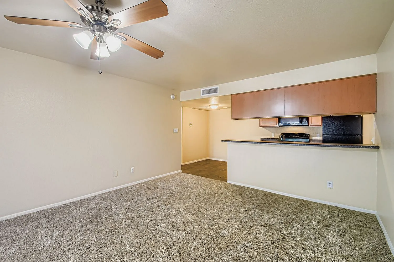 Living room with olive carpet, ceiling fan, wood cabinetry, kitchenette