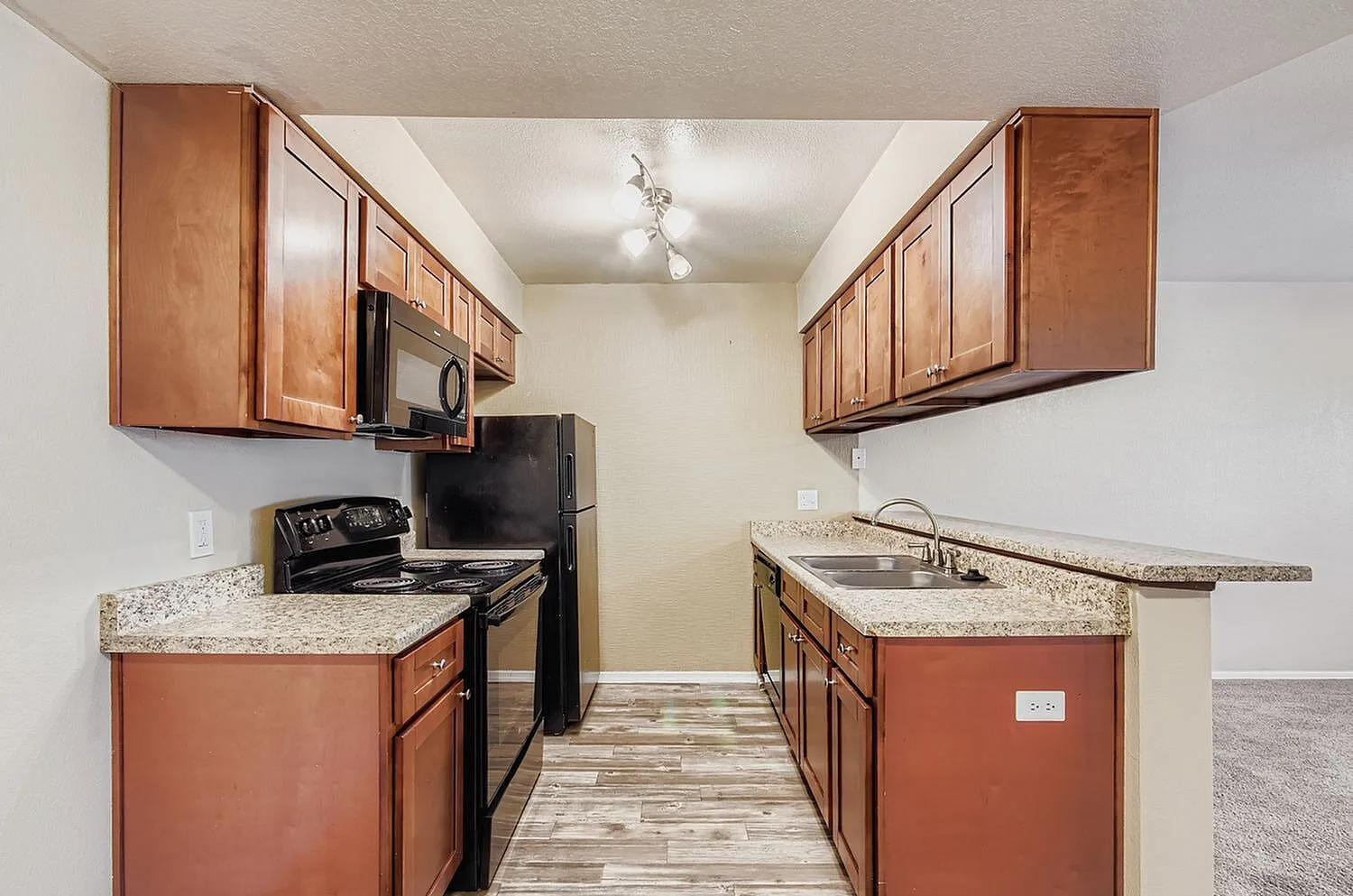 Kitchen, wood cabinetry, granite countertops, black appliances, wood-style plank flooring