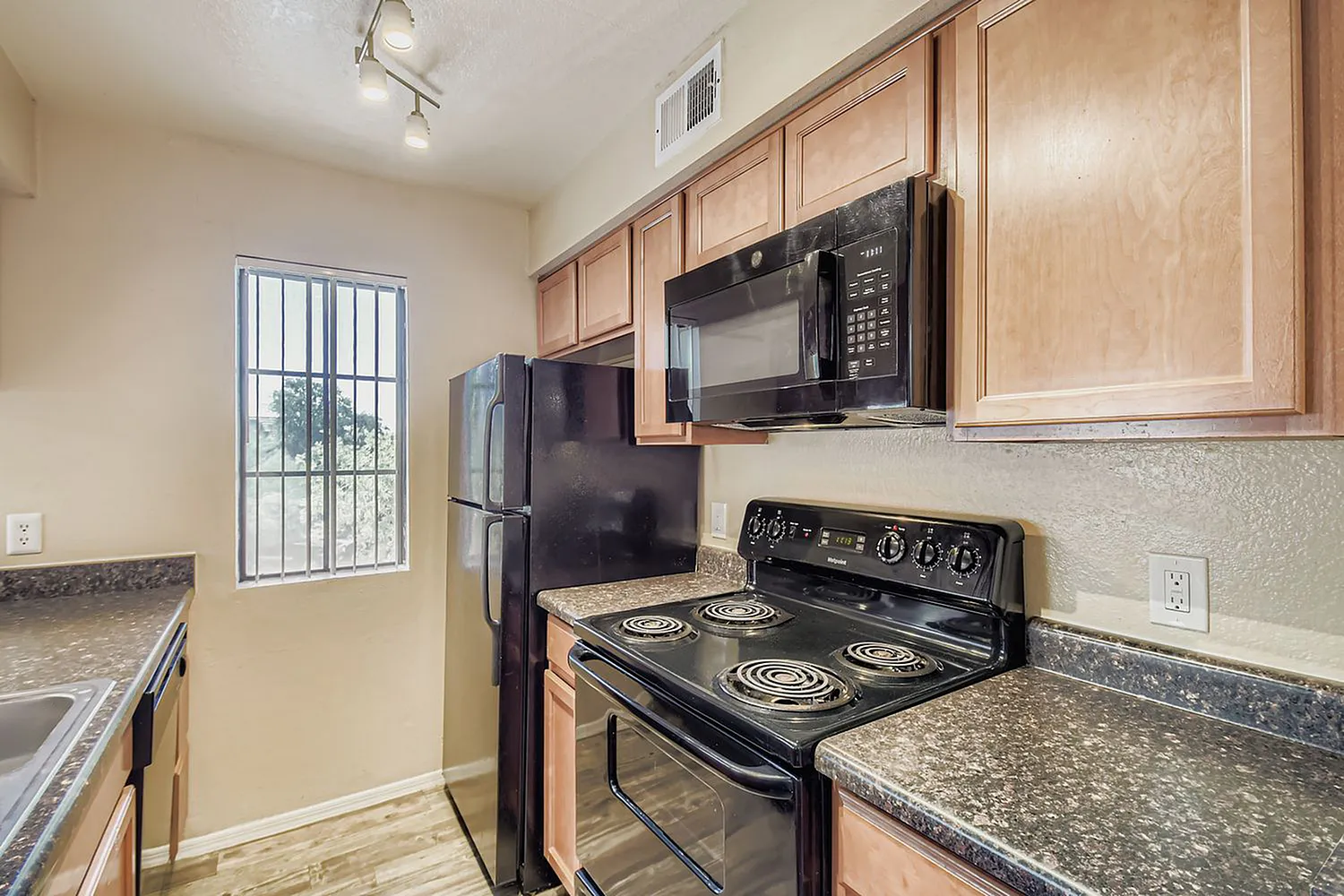 Kitchen, granite countertops, black appliances, wood cabinetry, wood-style plank flooring
