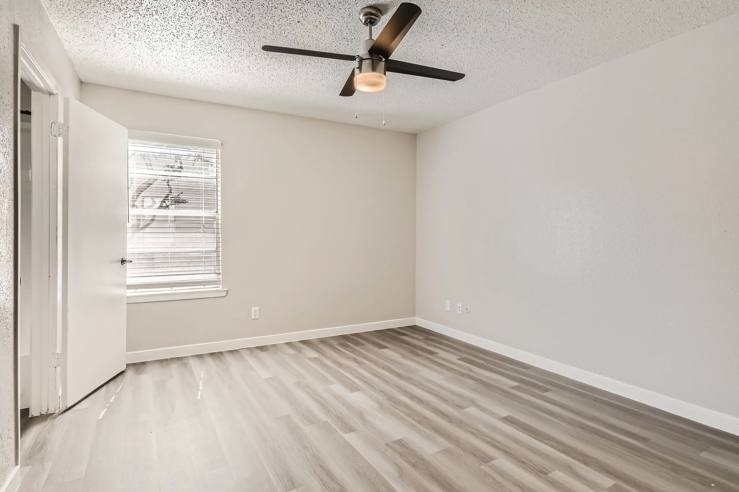 Primary bedroom with ceiling fan and large window