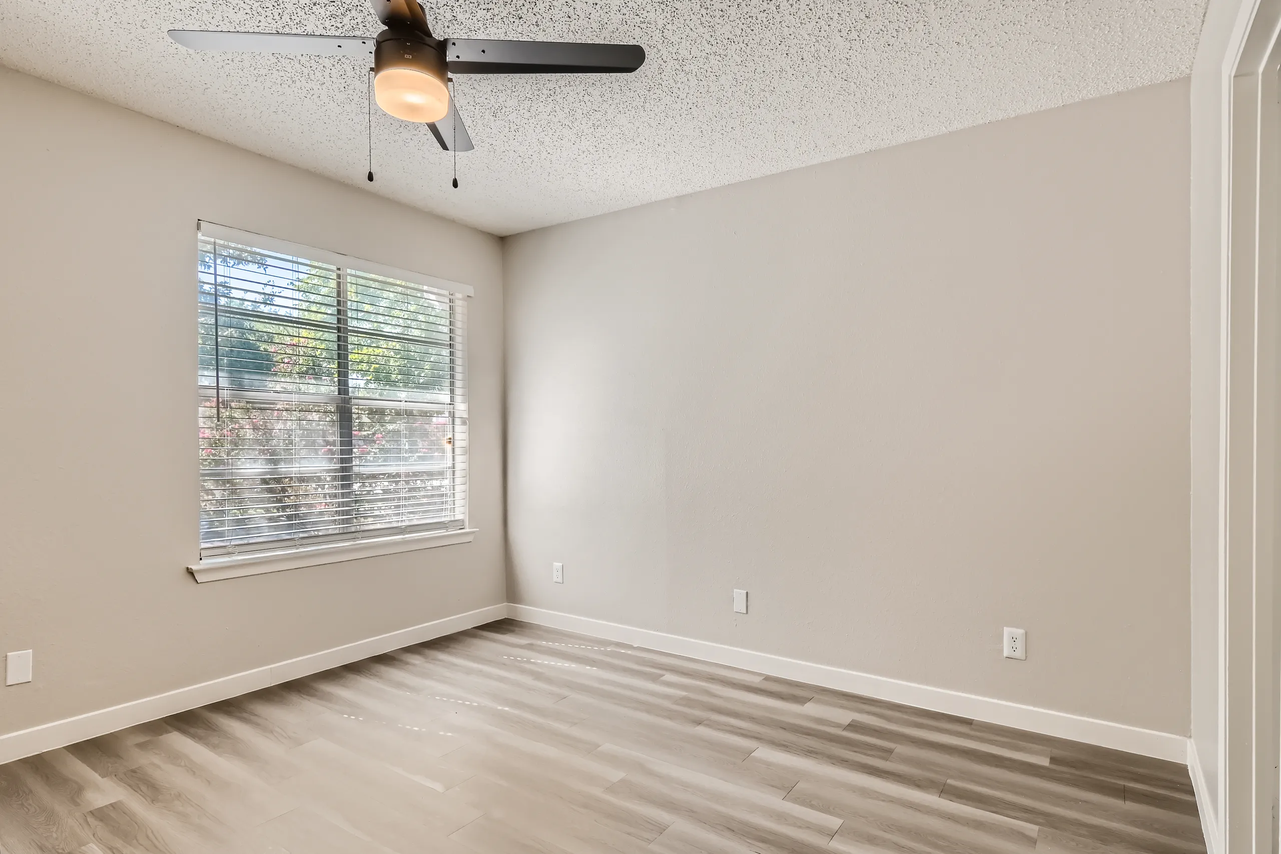 Primary bedroom with ceiling fan and large window