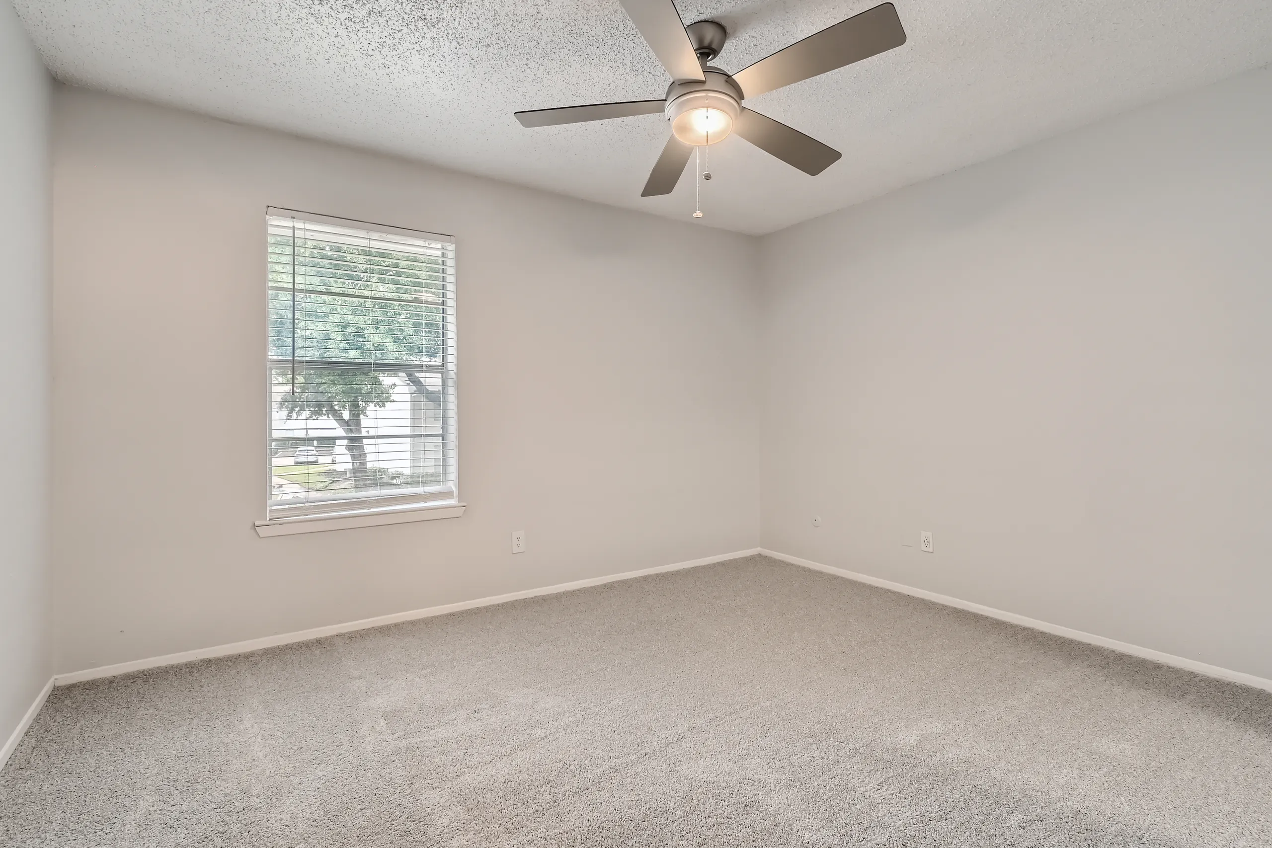 Primary bedroom with plush carpet and ceiling fan