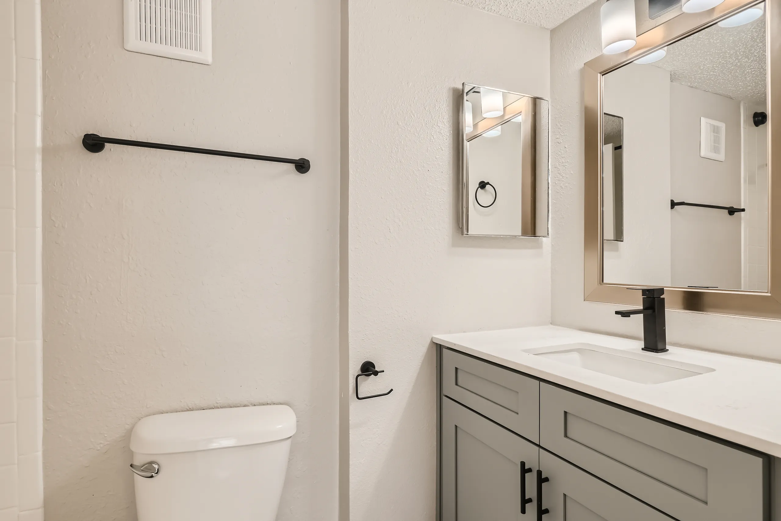 Primary bathroom with dual mirrors and gray vanity