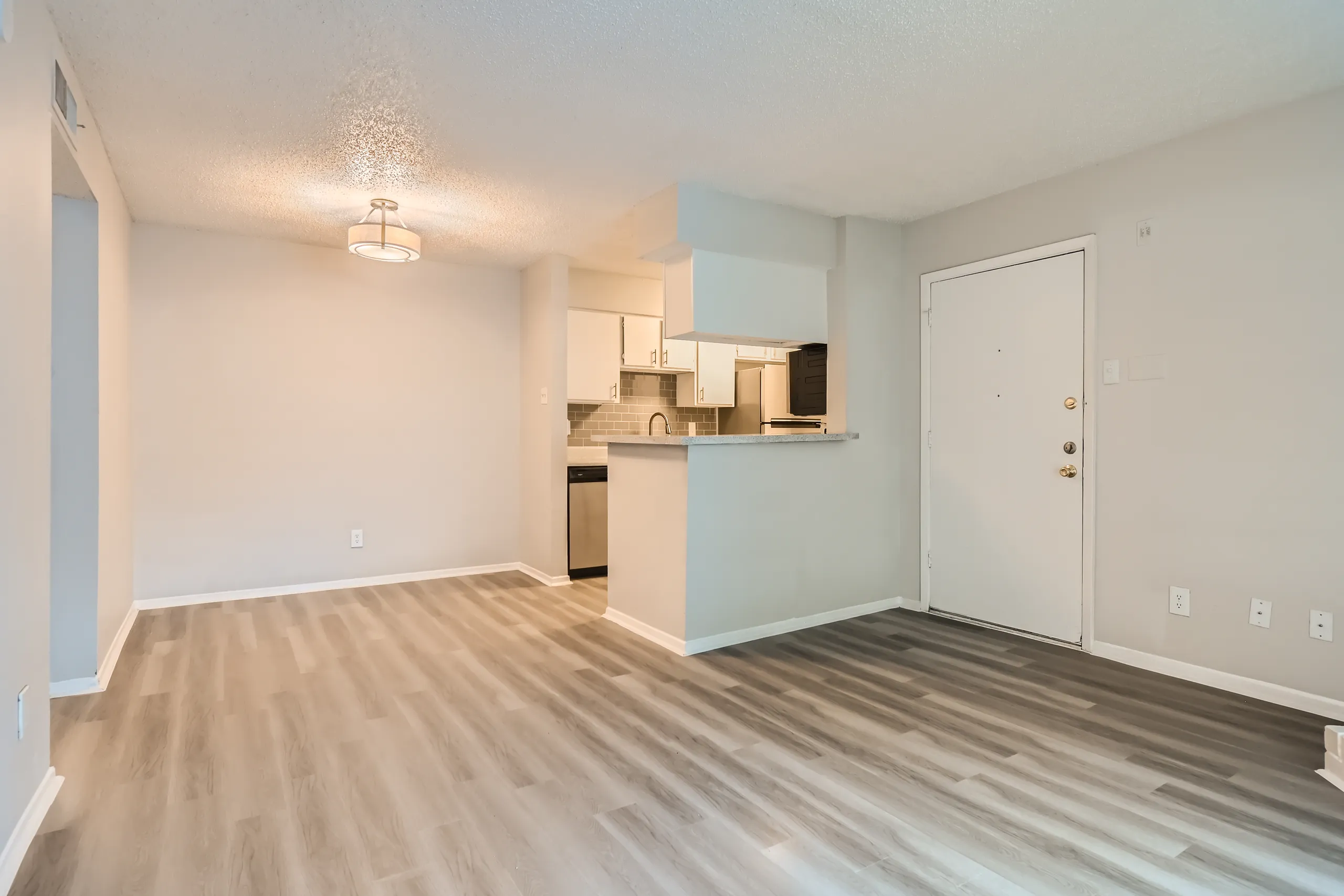 Living room with wood-style plank flooring and entry door