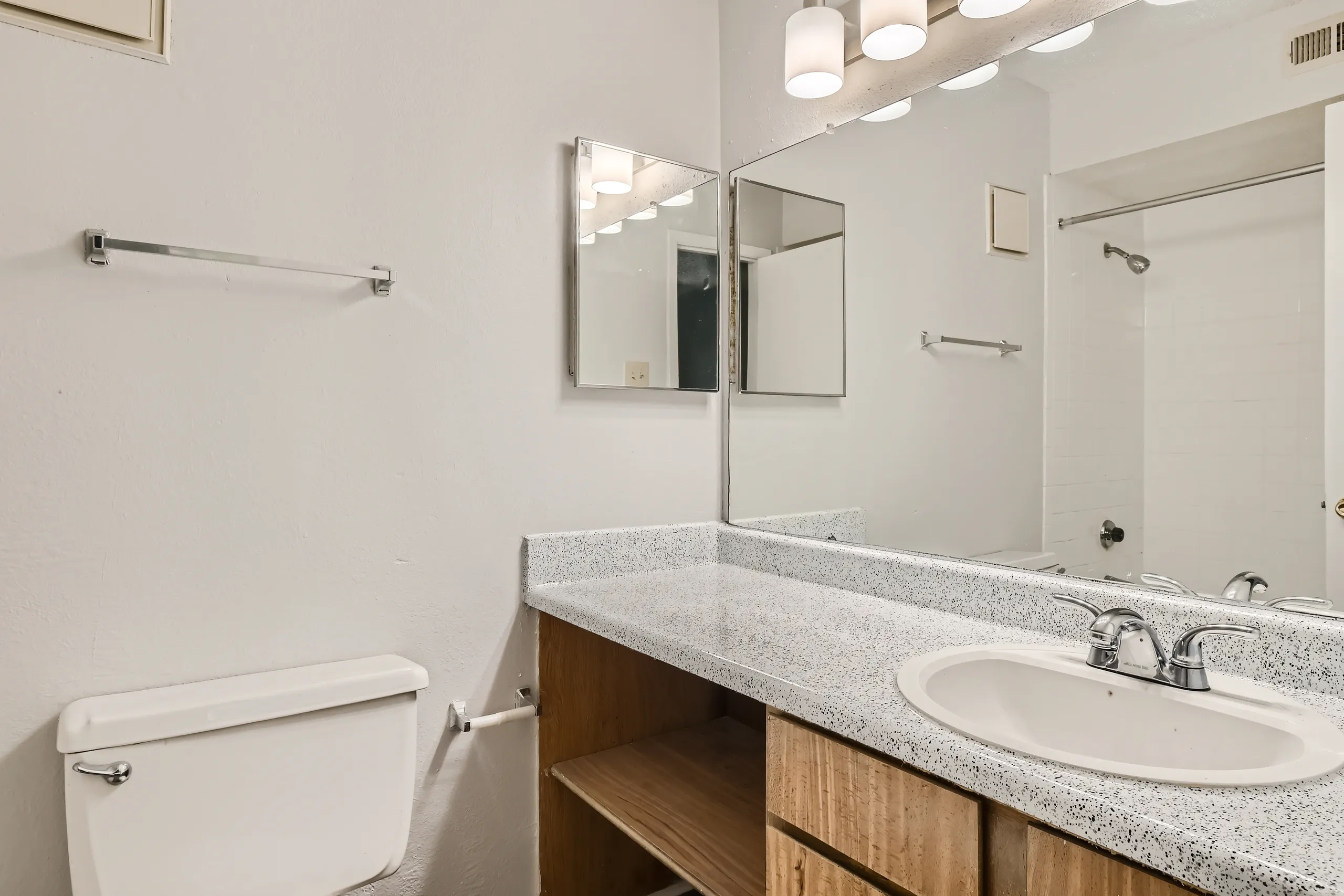 Primary bathroom with dual mirrors and speckled vanity