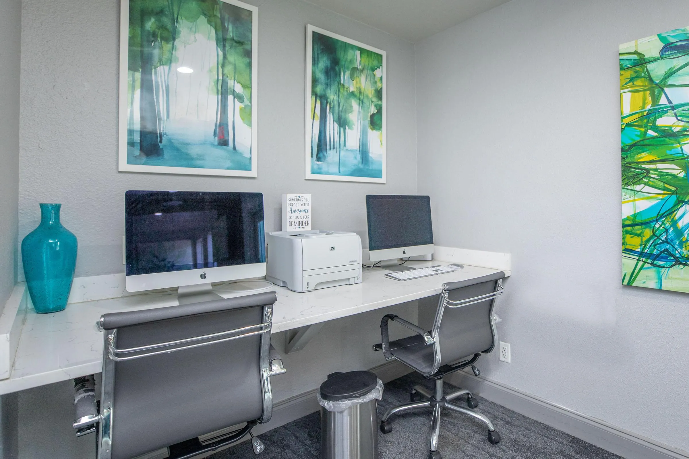 Computer workstations, printer, task chairs, framed art