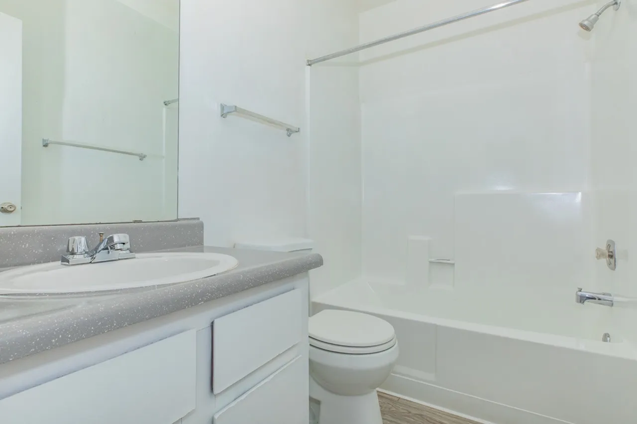 Bathroom, white vanity cabinetry, gray speckled countertop, mirror, toilet