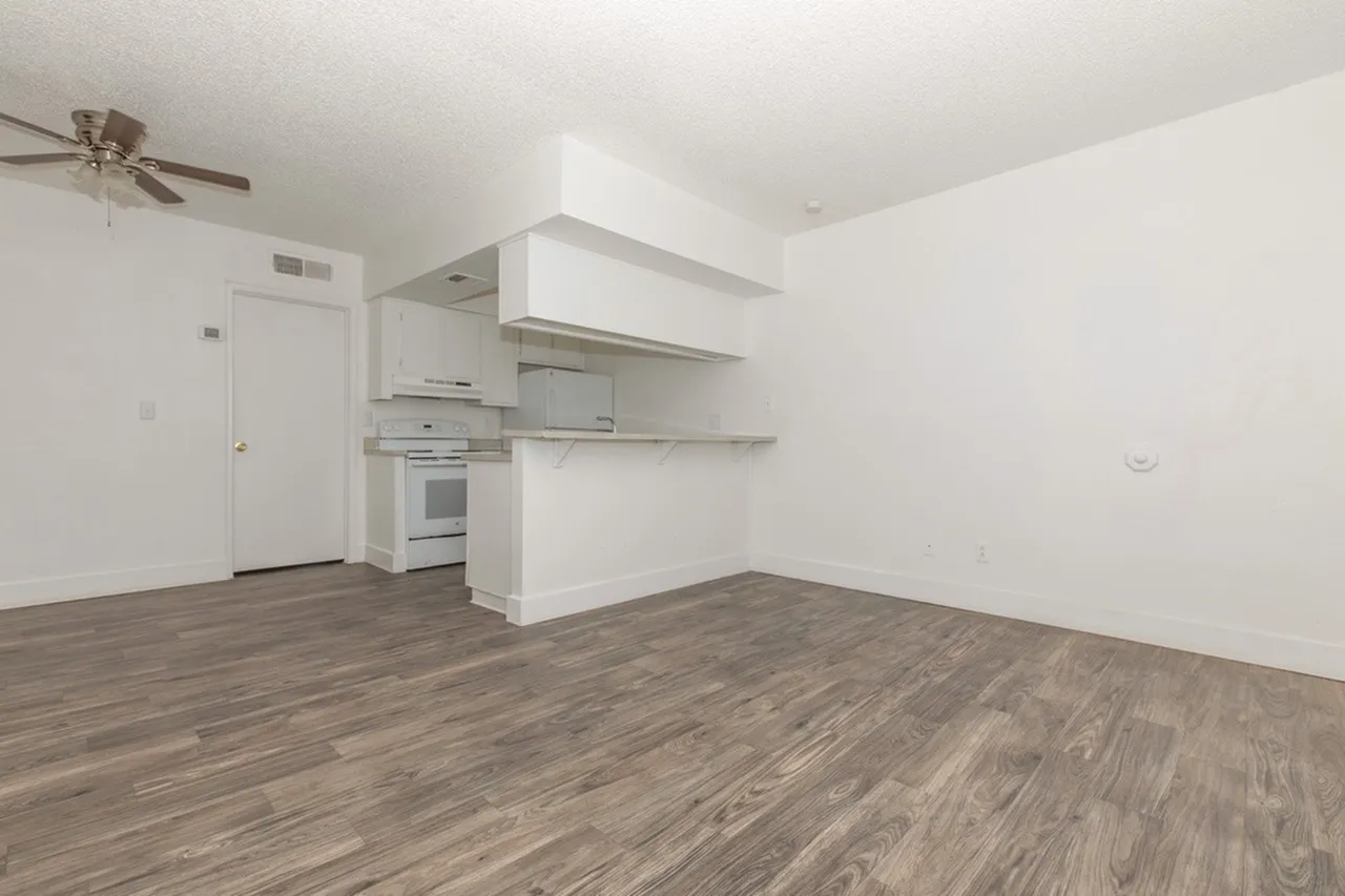 Studio kitchen and living area, wood-style plank flooring, white cabinetry, stainless appliances, open shelving