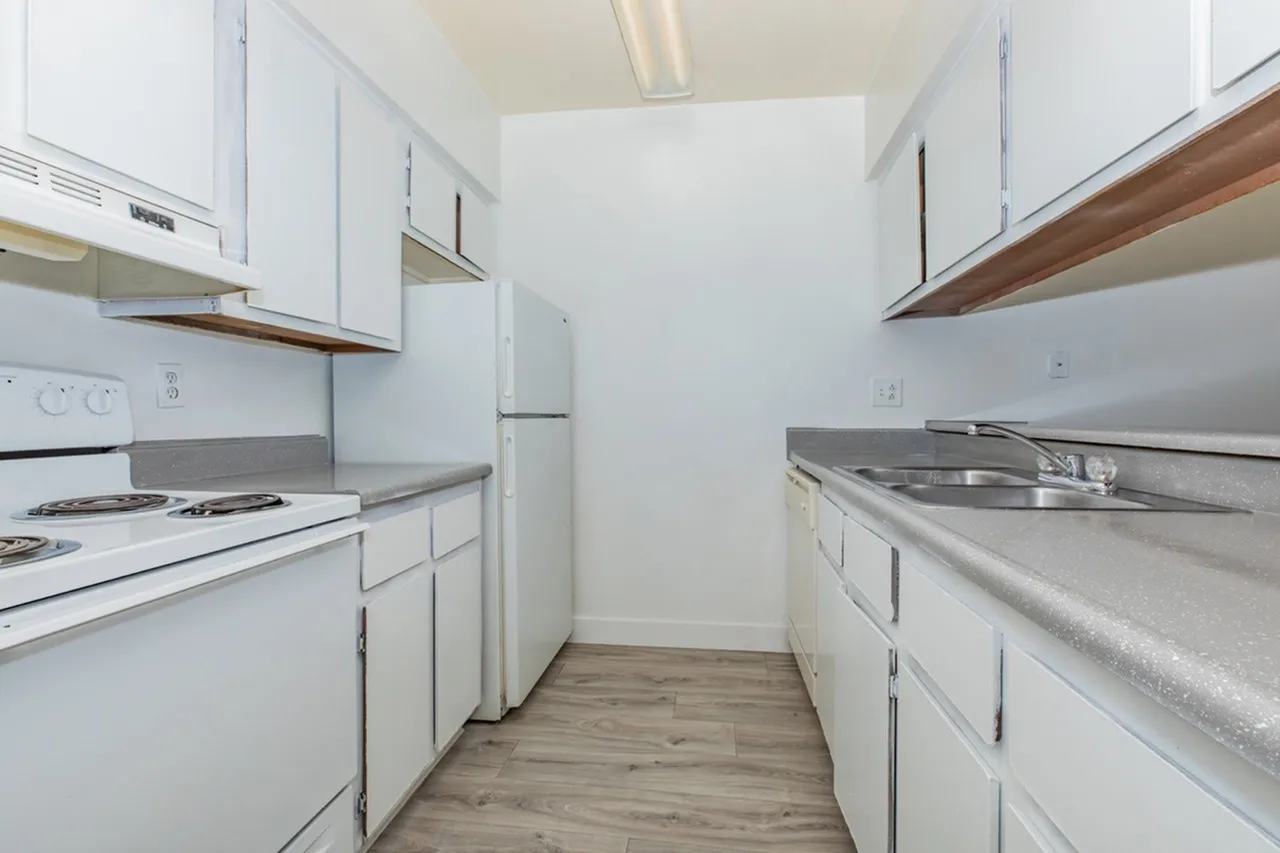 Galley kitchen, white cabinetry, gray countertops, stainless appliances, wood-style plank flooring