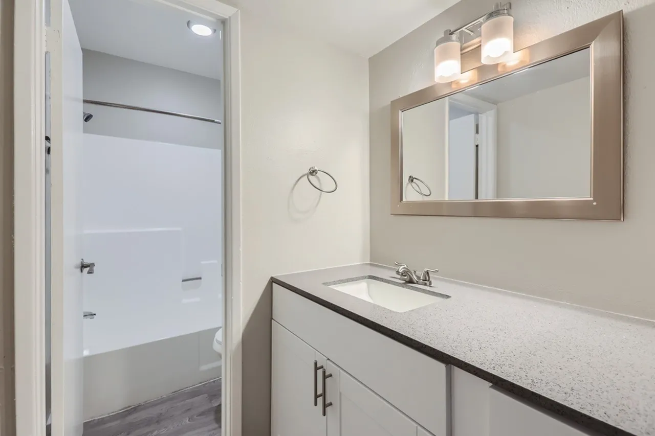 Primary bathroom, white vanity cabinetry, quartz countertops, framed mirror with lighting
