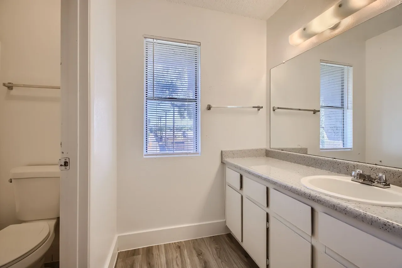 Primary bathroom, double sink vanity, white cabinetry, wood-style plank flooring, large mirror