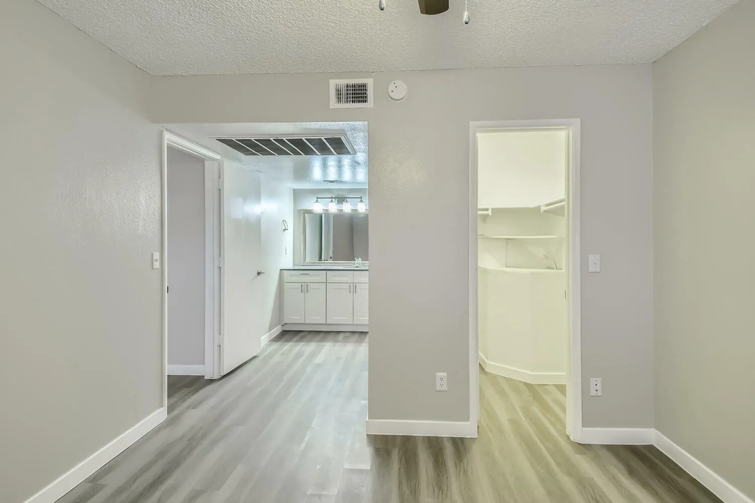Hallway, wood-style plank flooring, white trim doors, neutral wall paint, pendant lighting