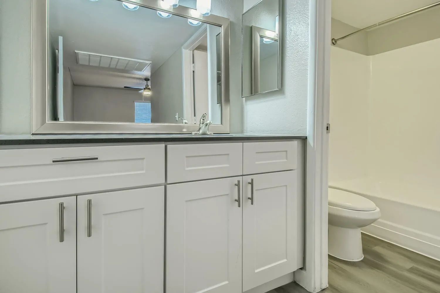 Bathroom, white shaker cabinetry, double-sink vanity, framed mirror, wood-style plank flooring