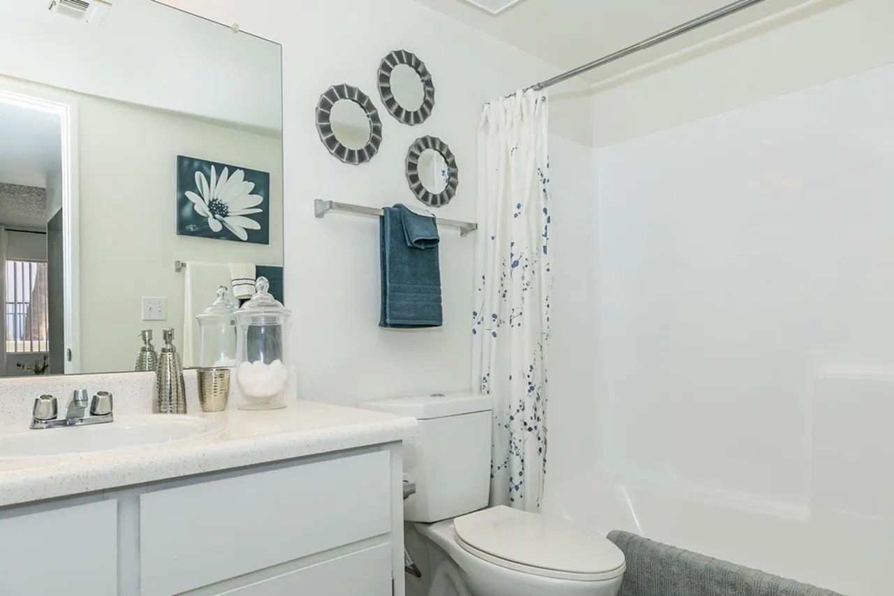 Bathroom, white vanity with quartz countertop, decorative plate wall art, white subway tile shower surround