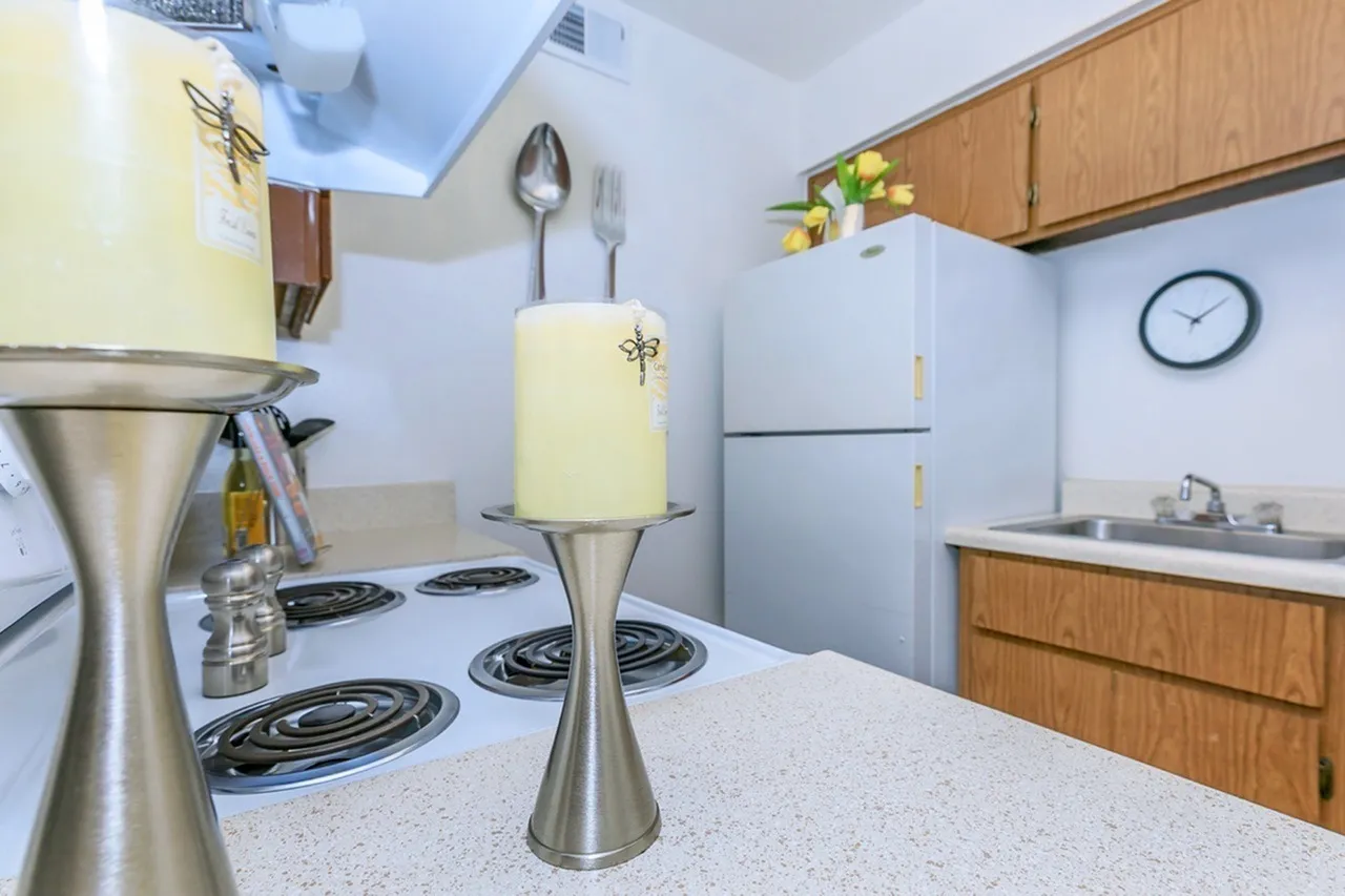 Kitchen, white appliances, quartz countertops, wood-style cabinetry, coil cooktop