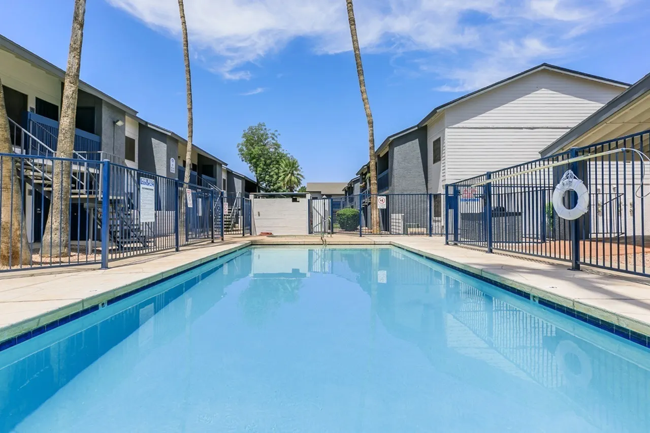 Swimming pool, metal fencing, palm trees, residential buildings, clear blue water