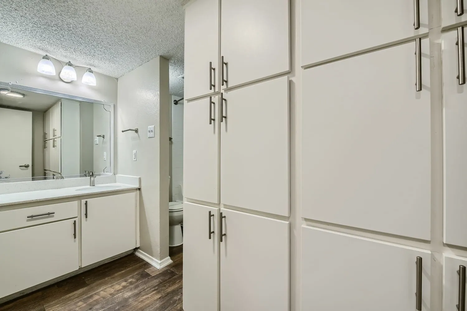 Primary bathroom with white cabinetry and quartz countertops, large mirror, vanity lighting, adjacent white framed closets with wood-style plank flooring