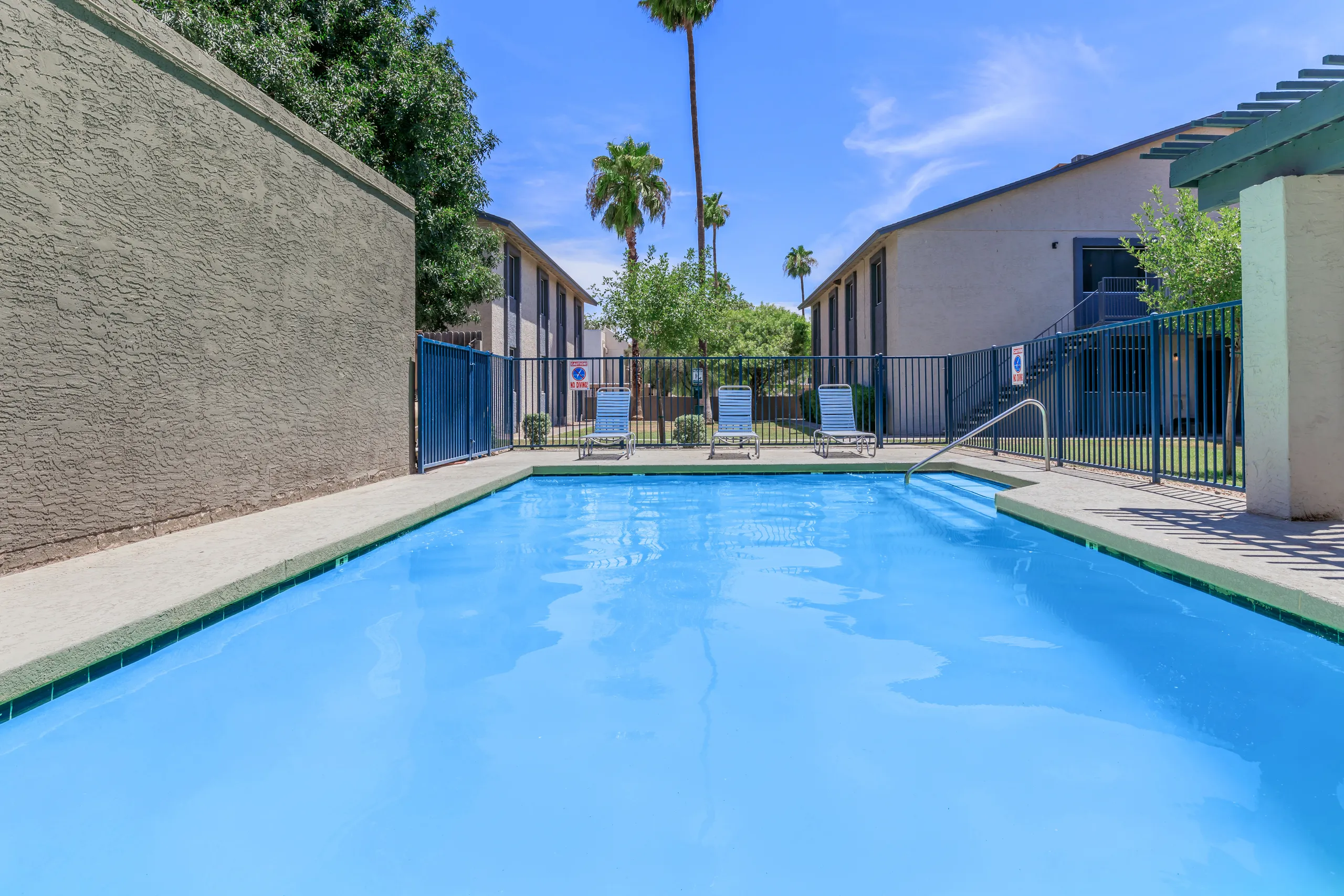 Fenced community pool with lounge chairs and palm trees