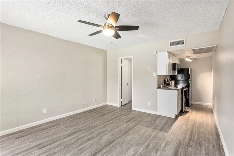 Studio apartment, wood-style plank flooring, ceiling fan, compact kitchen, entry door