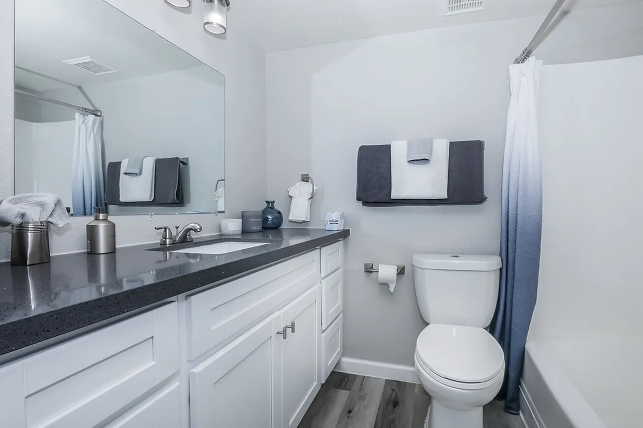 Bathroom, white shaker cabinetry, gray quartz countertops, chrome fixtures, wood-style plank flooring