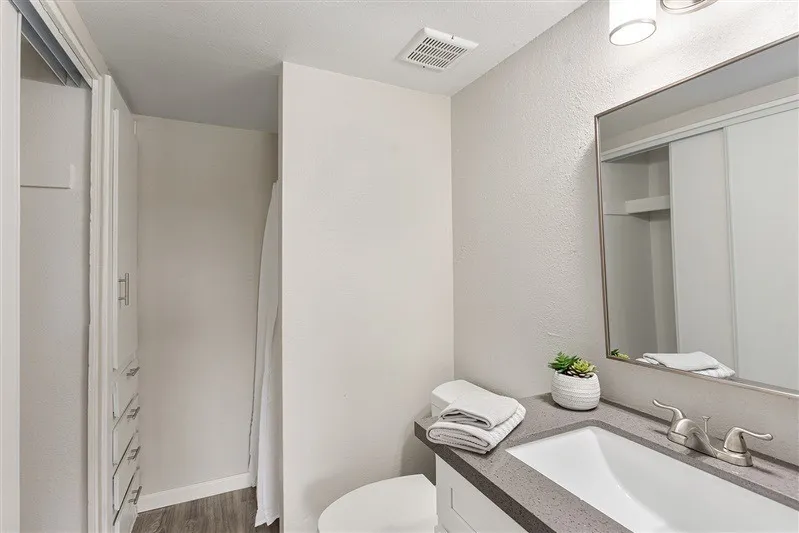 Bathroom, gray countertops, white vanity sink, mirror with lighting, shower with glass enclosure
