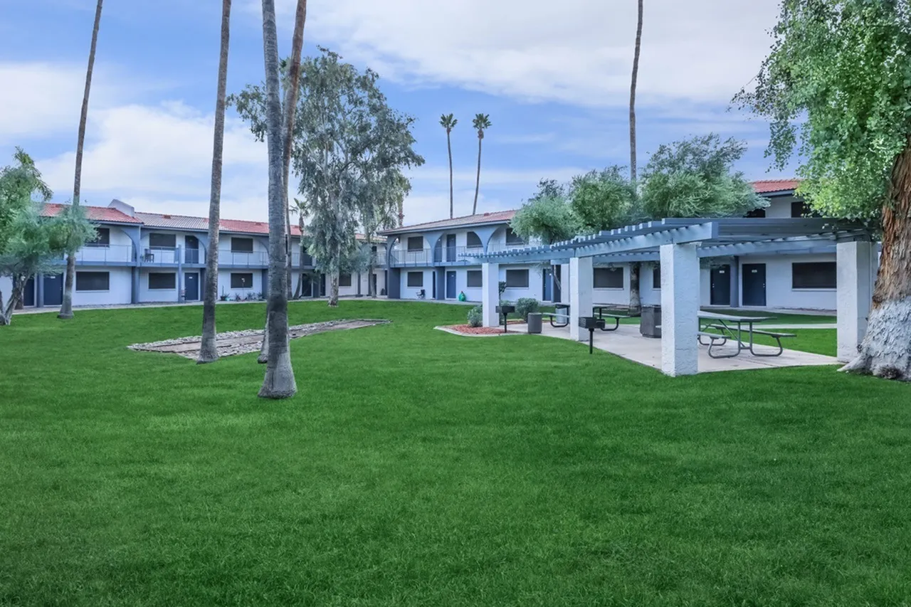 Common area lawn, tall palm trees, white residential buildings, covered picnic area, manicured grass, desert landscaping