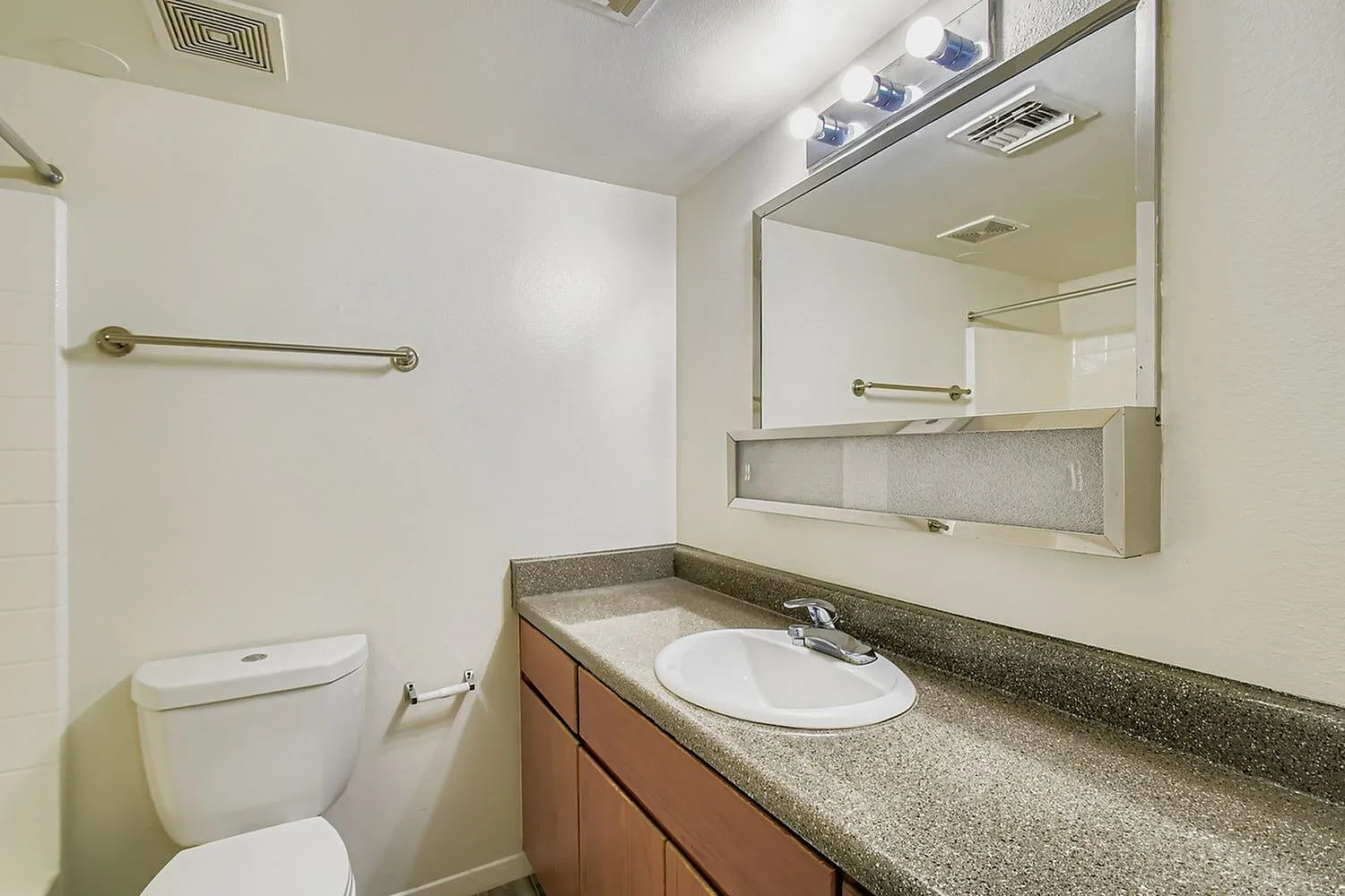 Bathroom, white round sink, gray countertop, wood-look cabinetry, framed mirror