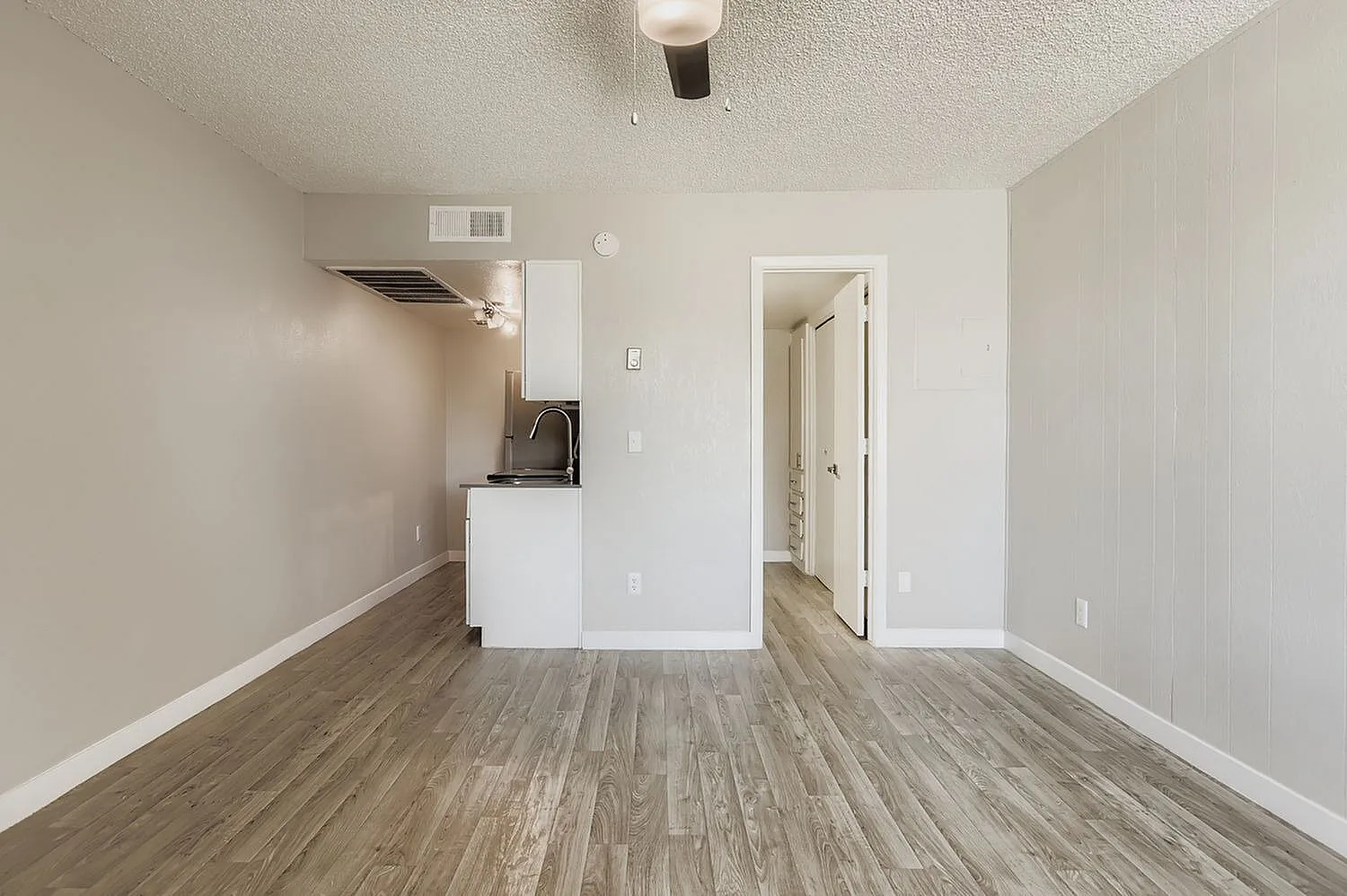 Studio apartment with wood-style plank flooring, white cabinetry, ceiling light fixture