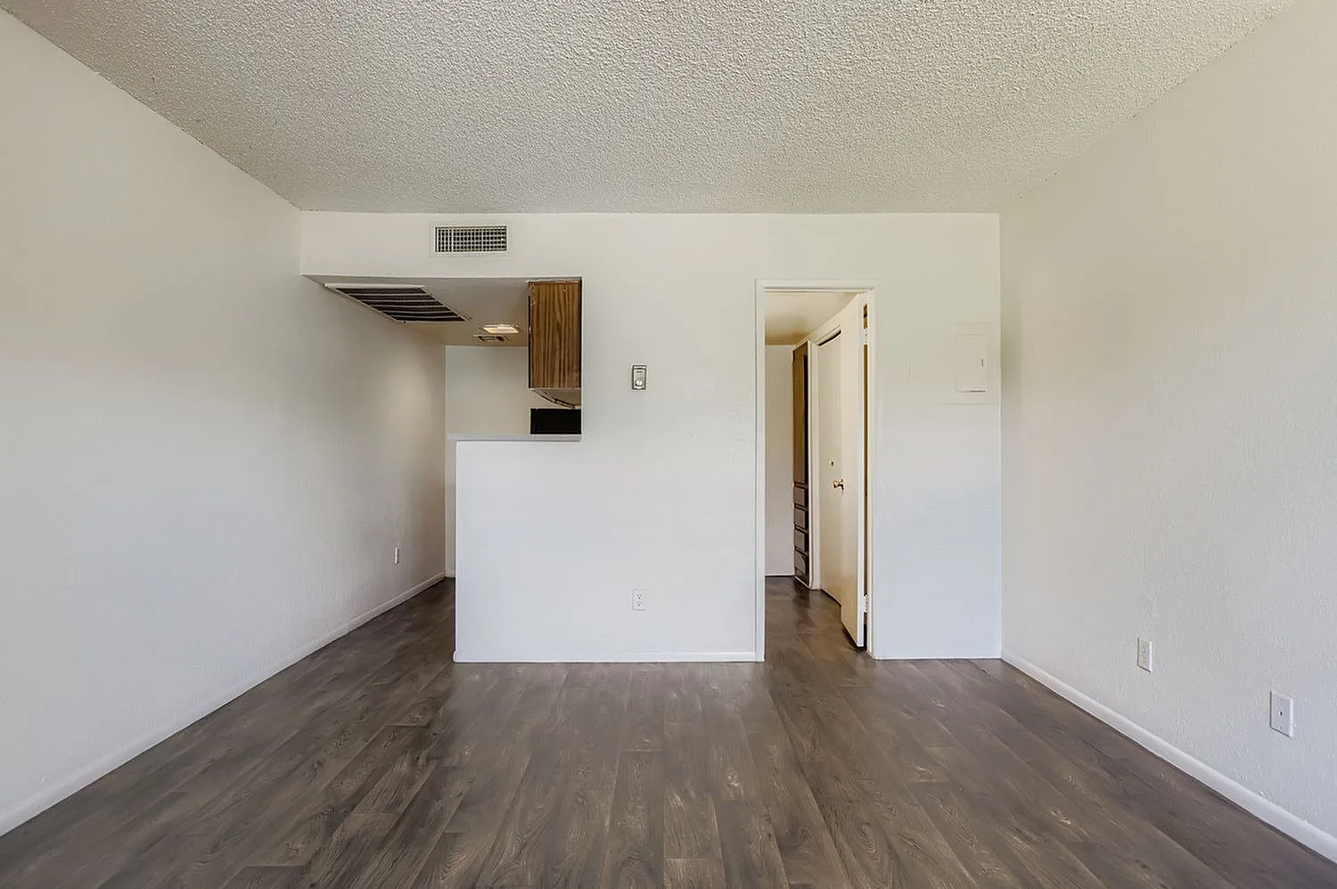 Living area, wood-style plank flooring, white walls, partial kitchen with wood cabinetry