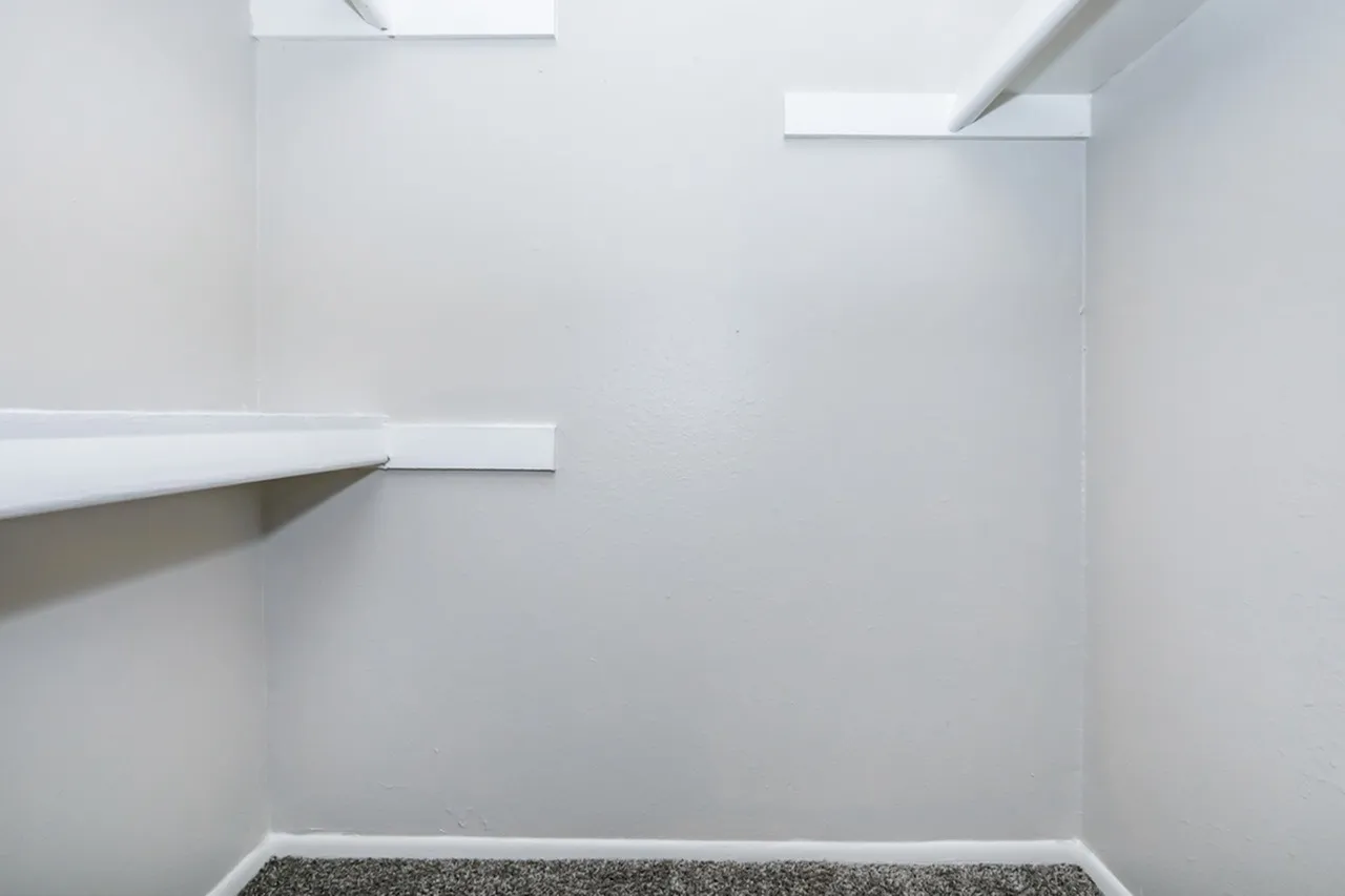 Closet, white walls, built-in shelving, carpeted floor