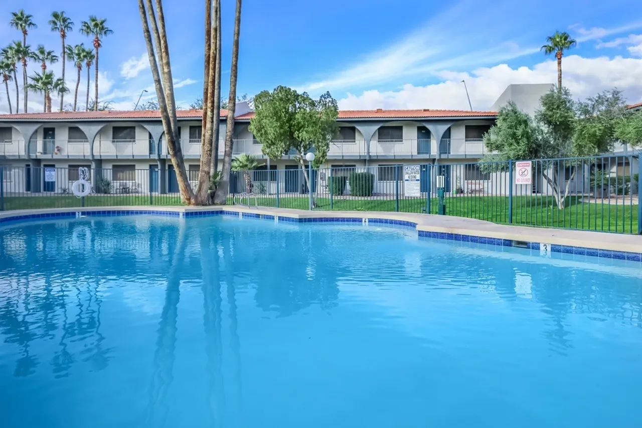 Swimming pool with bright blue water, palm trees, tall columnar cacti, residential buildings, green fencing