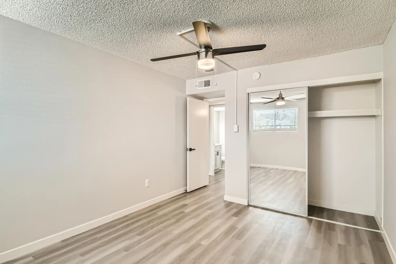 Bedroom, mirrored closet doors, bathroom access from hallway