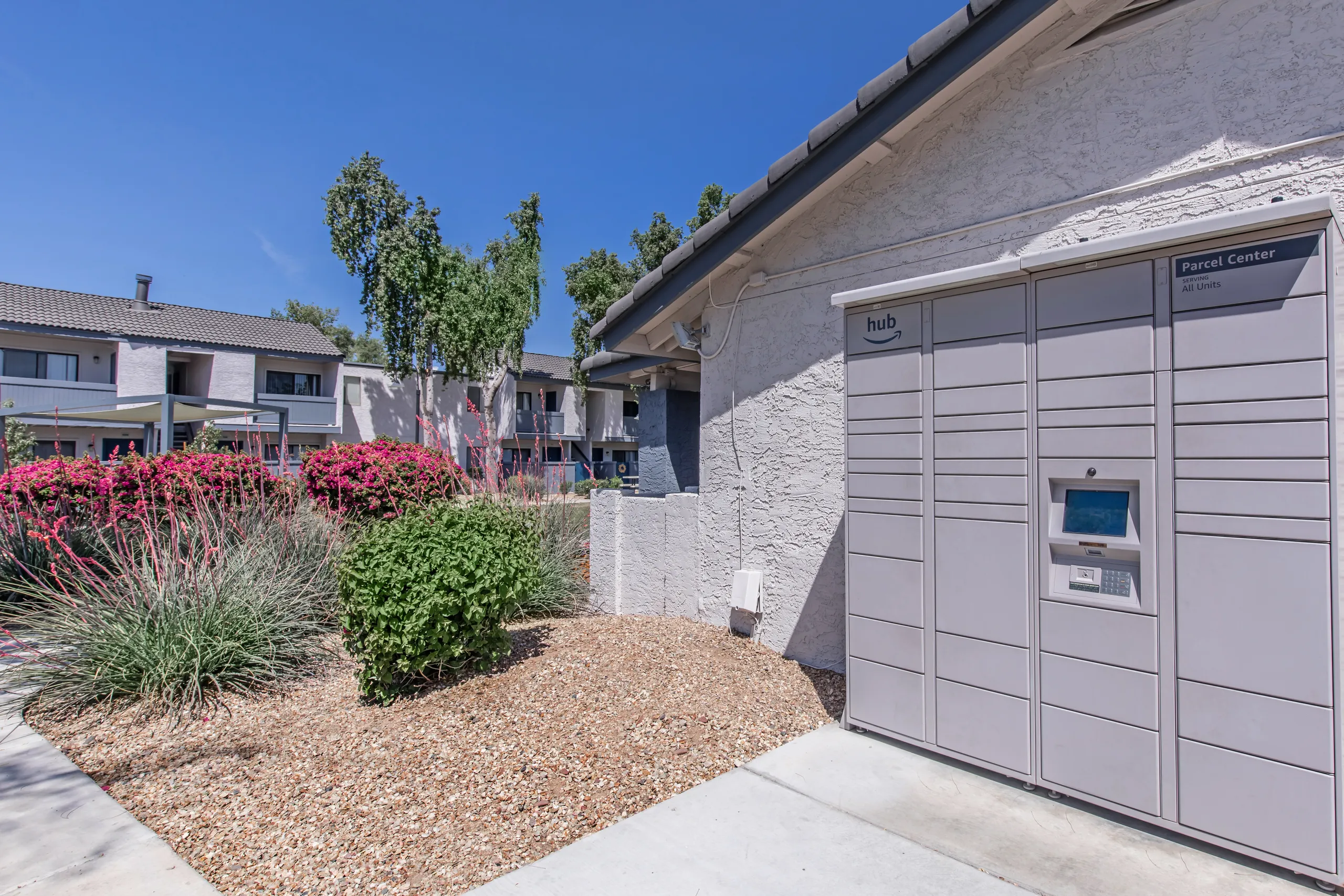 Package locker system, landscaped walkway