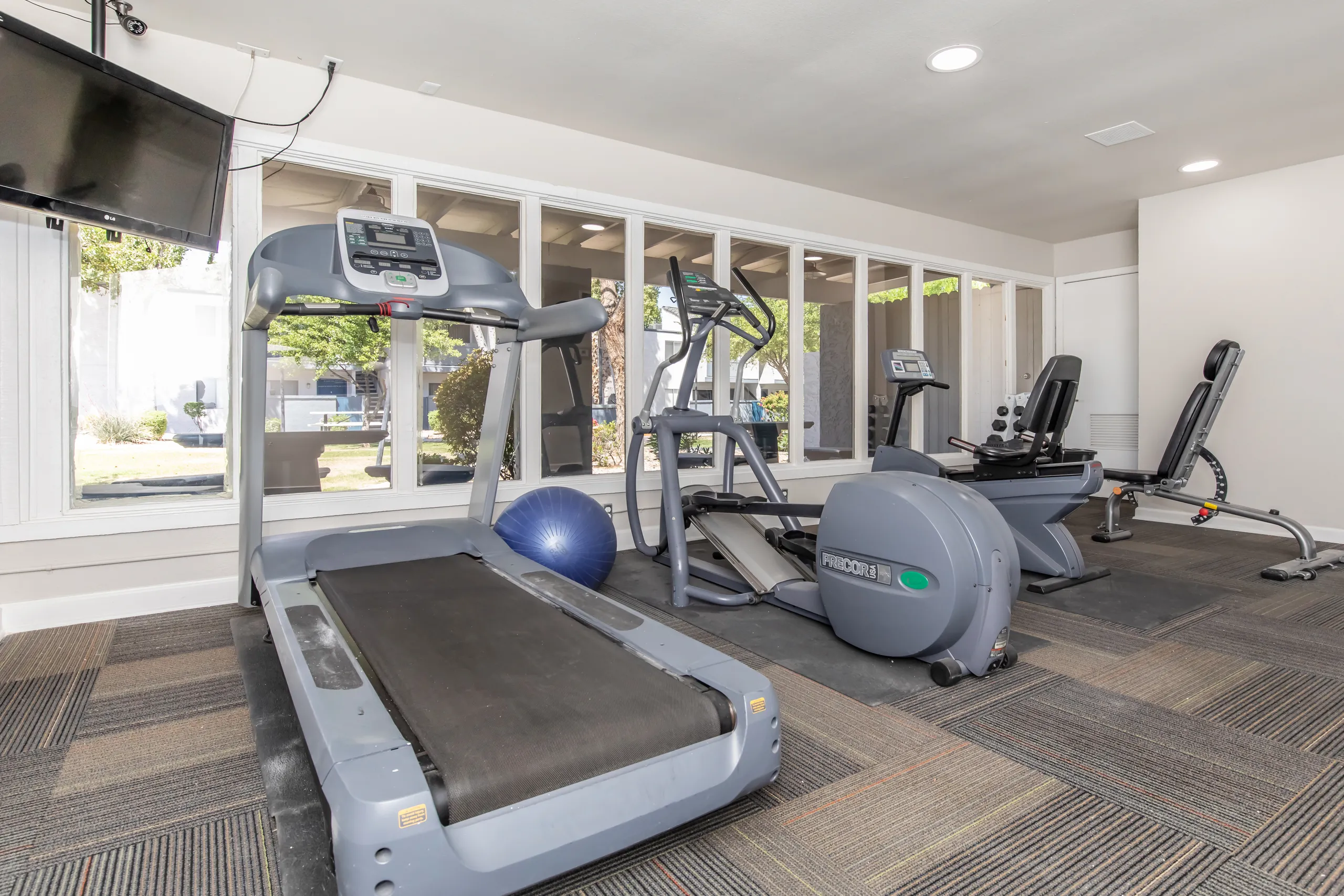 Fitness center, cardio equipment, weight machines, mounted TV