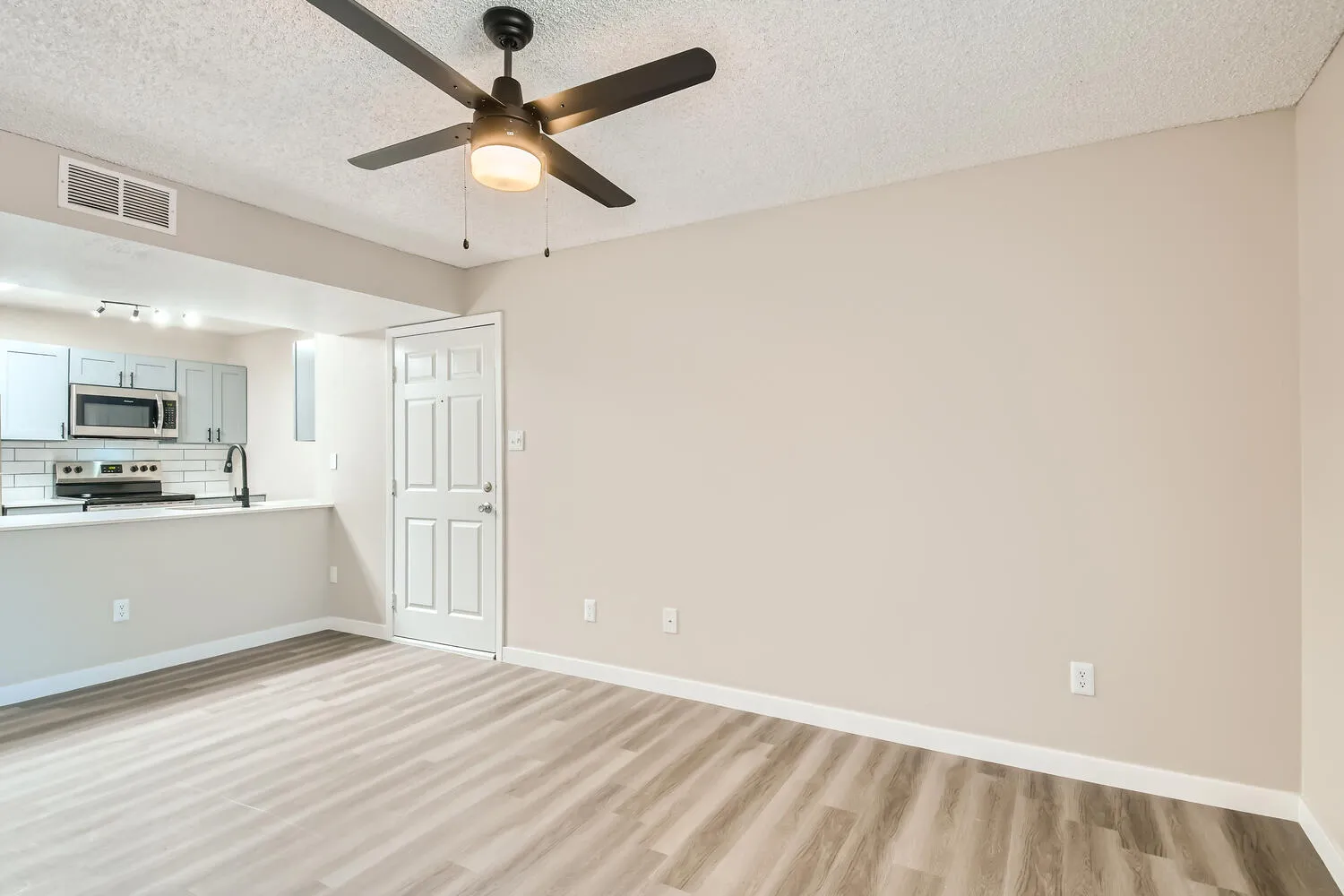 Living room, ceiling fan, exterior door, kitchen access