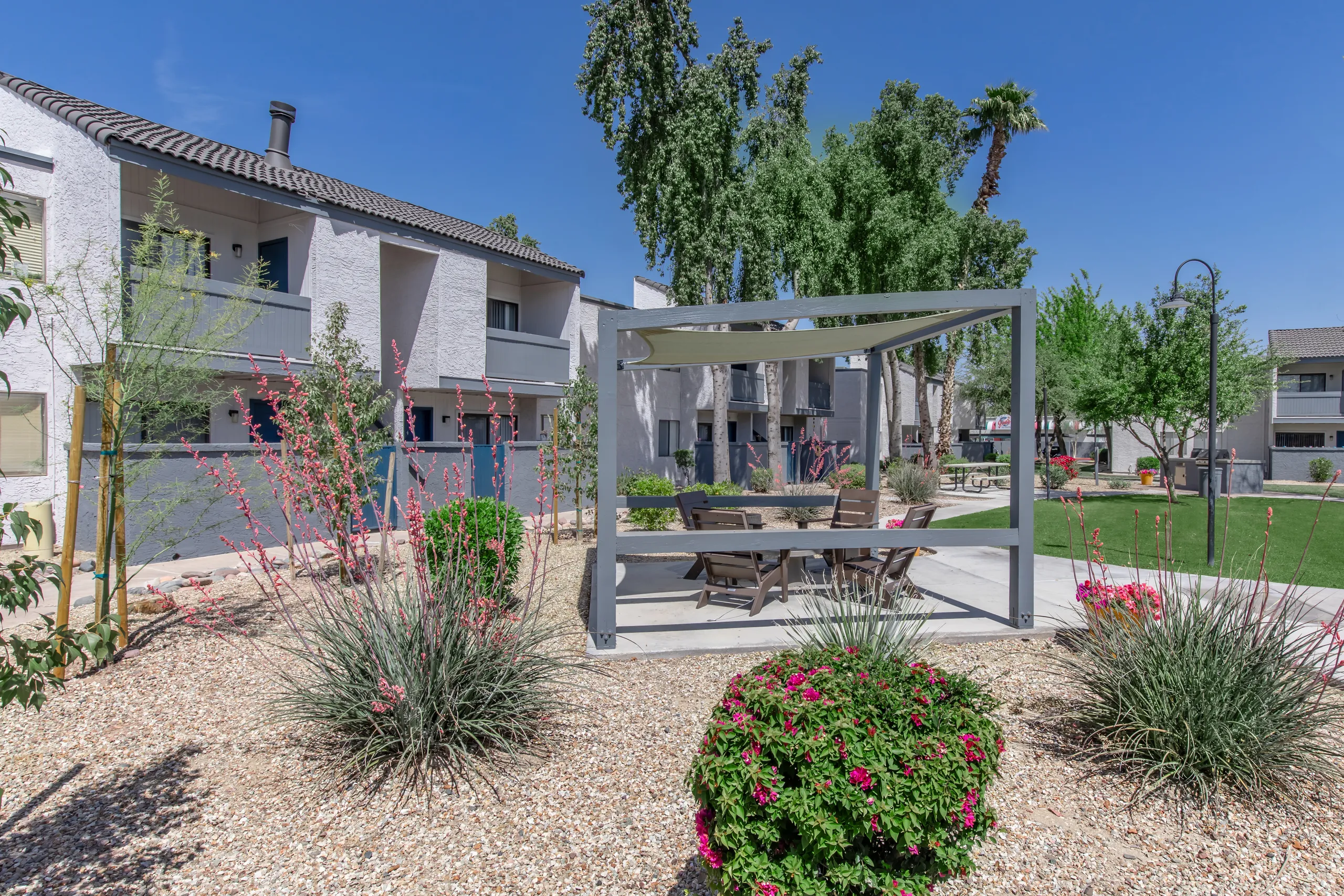 Community courtyard, shaded seating pergola, desert landscaping